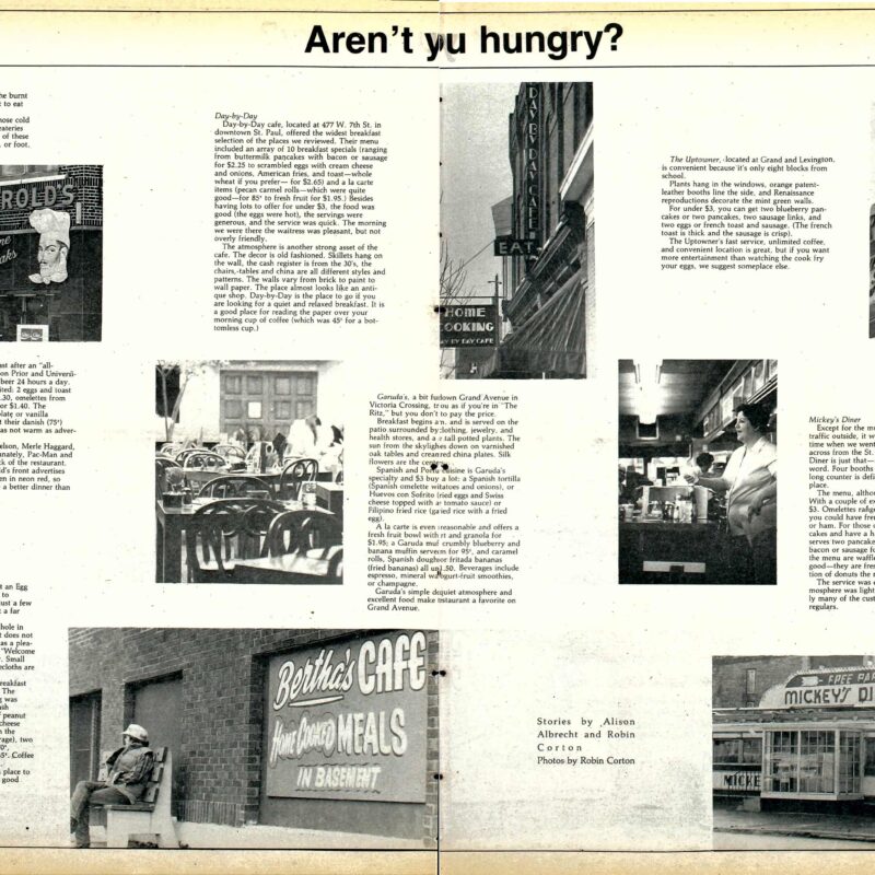 Breakfast Around Mac: Harold's, Bertha's, Day-by-Day, Mickey's Diner, Uptowner, and Garuda's, 1982 (Mac Weekly December 3, 1982)